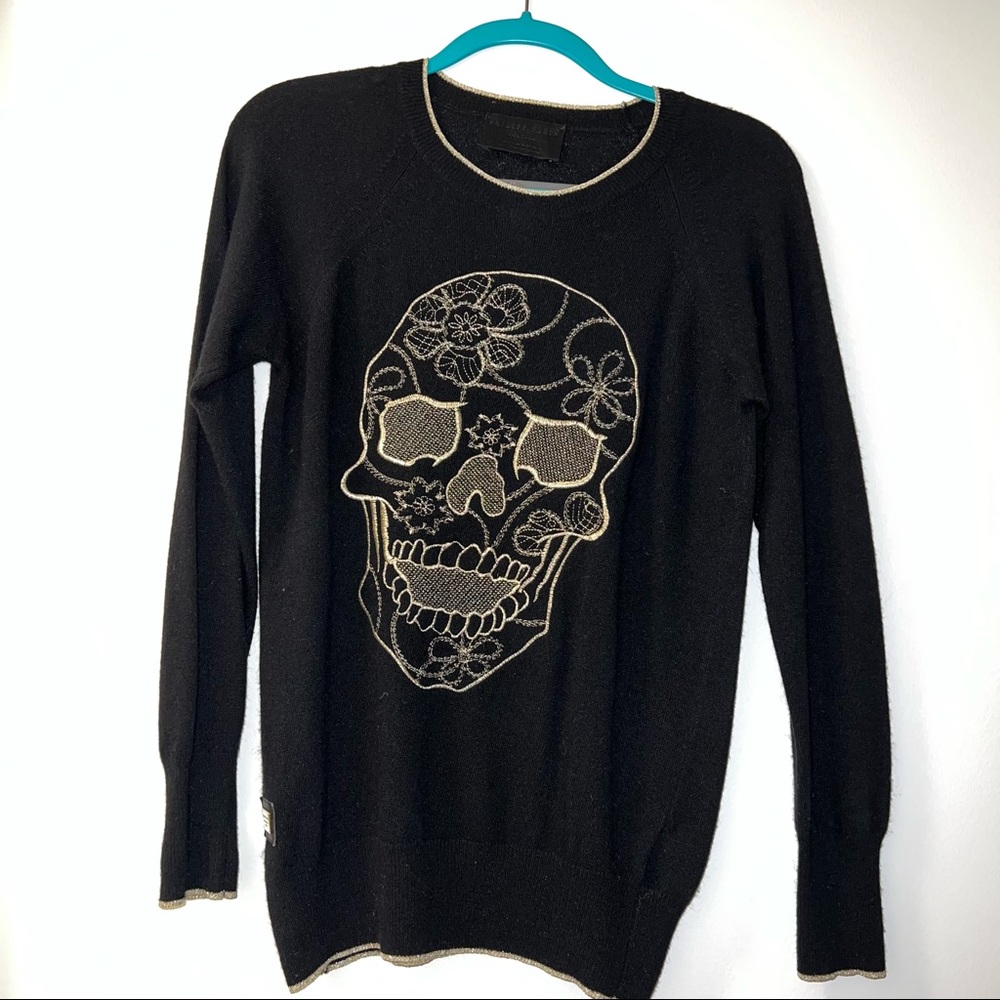philipp plein couture black sweater with gold embroidered skull